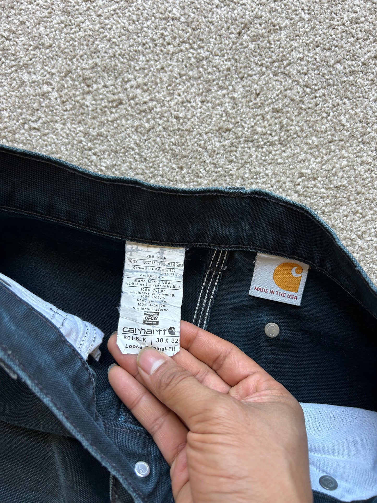Carhartt Black Double Knee size 30 waist 40 inches Length Vintage Made in USA