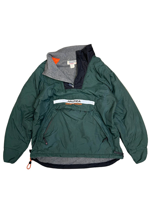 vintage Nautica Competition pullover jacket featuring a green nylon shell with a grey fleece lining and orange accents XL