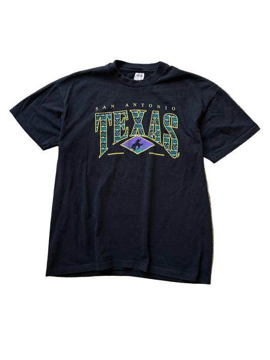 vintage Anvil brand single-stitch t-shirt featuring a "San Antonio Texas" graphic with a cowboy riding a bucking bronco 2XL Black