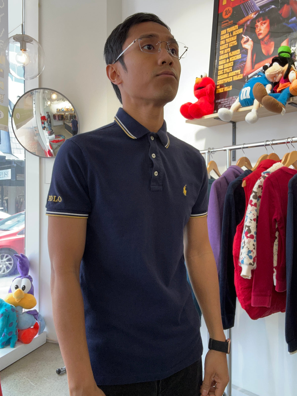navy blue Polo Ralph Lauren custom slim-fit piqué polo shirt detailed with yellow and white tipped collar and sleeve trim, plus a yellow embroidered pony logo Small