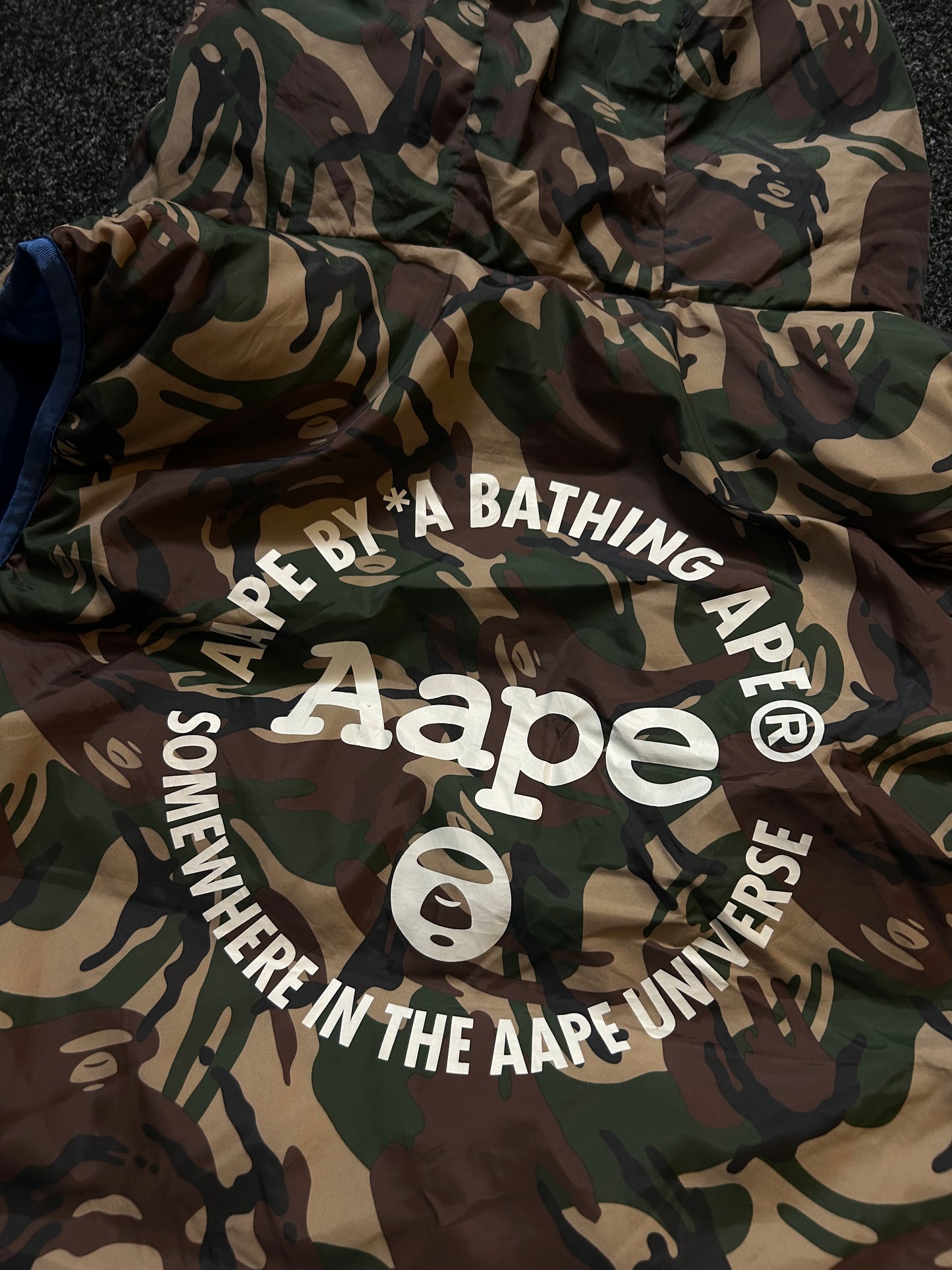 A Bathing Ape AAPE BAPE Down Hooded Vest Reversible Large Pertex Blue Camo