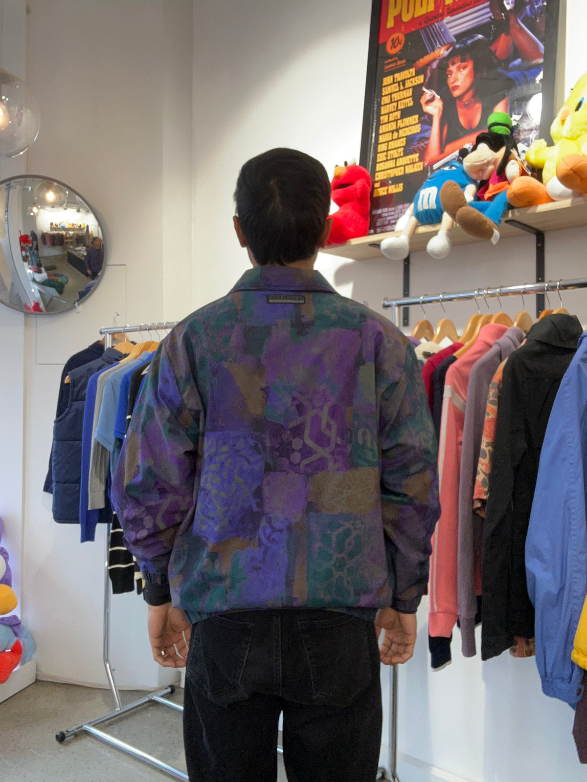 vintage Forrester's patterned zip-up jacket featuring an abstract purple, blue, and dark teal geometric tile design Medium