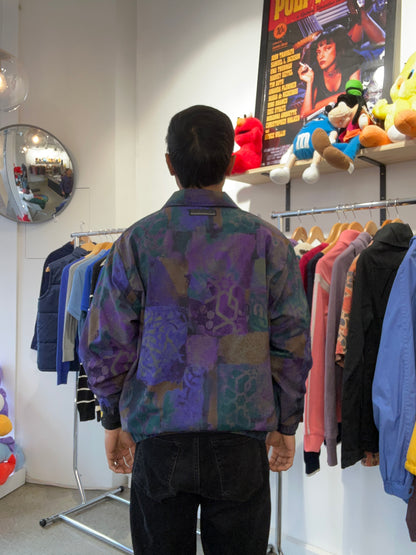 vintage Forrester's patterned zip-up jacket featuring an abstract purple, blue, and dark teal geometric tile design Medium