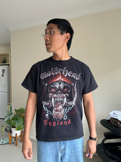 black Motörhead England graphic band t-shirt featuring the classic Snaggletooth War-pig logo Thailand Boot Small