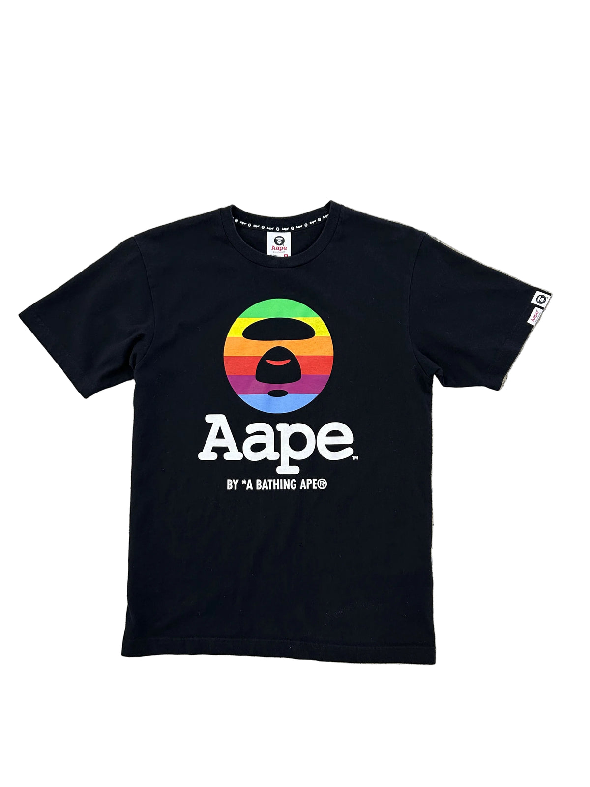 black AAPE by A Bathing Ape t-shirt featuring a vibrant rainbow gradient Ape Head logo on the chest Medium