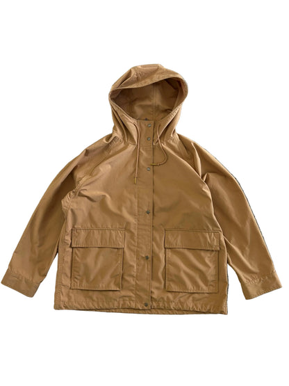 Uniqlo mustard yellow oversized hooded parka featuring large utility flap pockets on the front