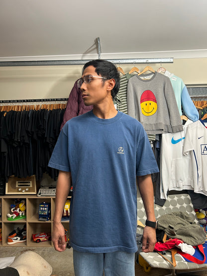 Vintage blue Swanndri t-shirt features a "Head Office" graphic print on the back Large