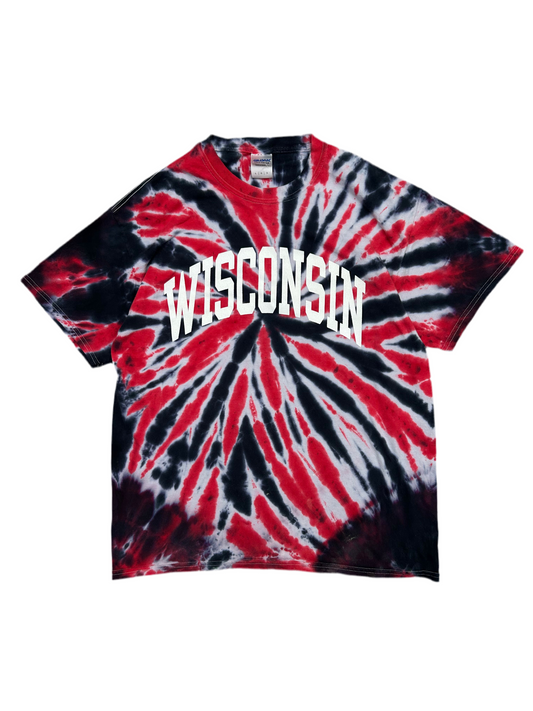 Vintage GILDAN Wisconsin Red and Black Tie Dye T-Shirt Size Large