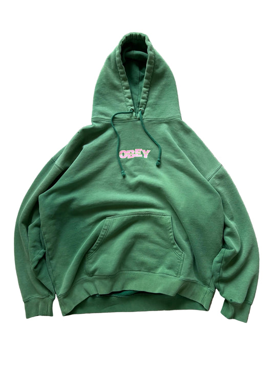 Obey Stack unisex heavyweight fleece hoodie in green Y2K Skate Brand XL Faded with multiple pinholes
