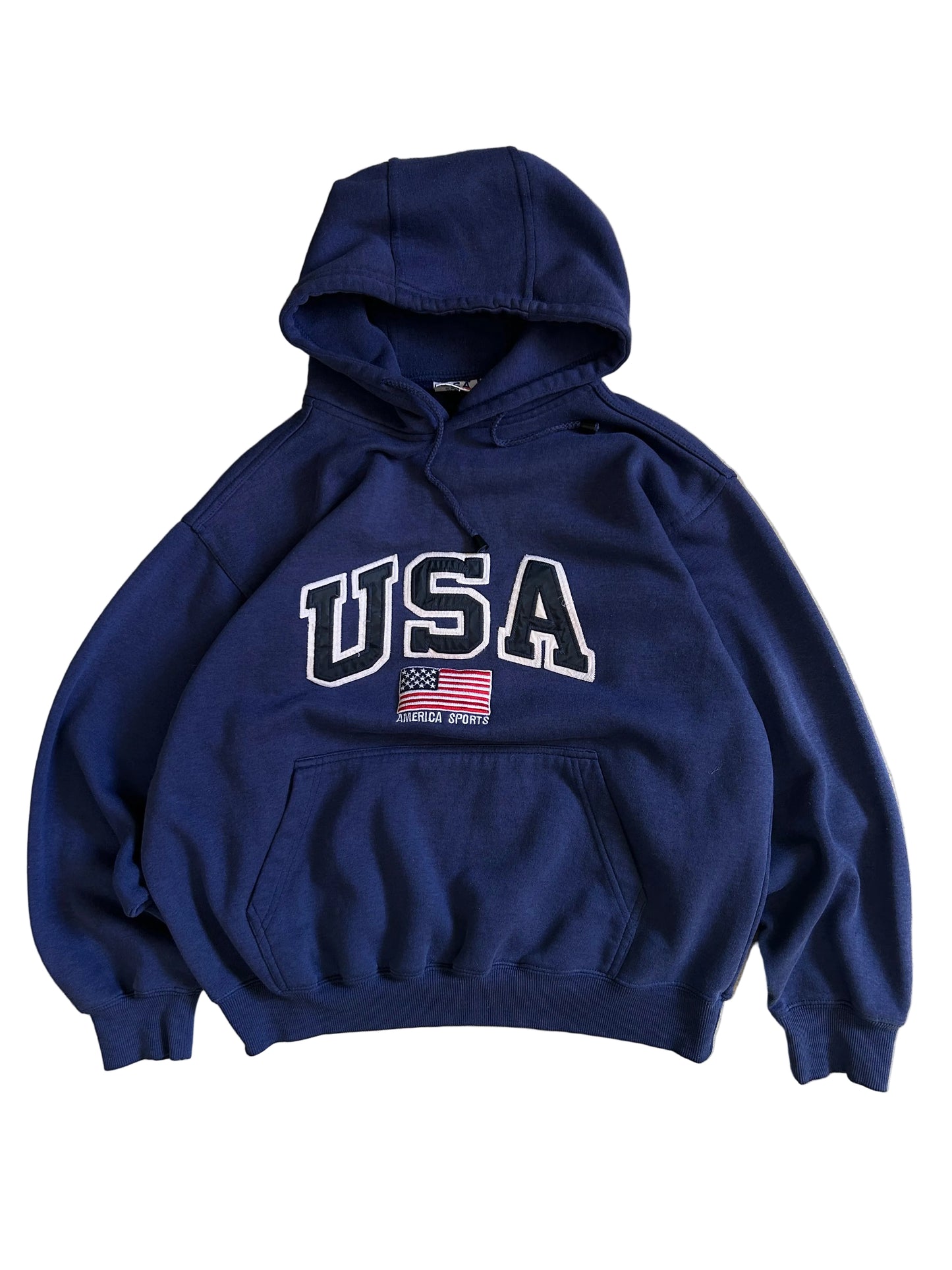 vintage navy blue hoodie features a prominent embroidered "USA" logo and an American flag graphic, Large