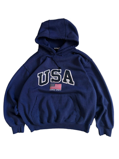 vintage navy blue hoodie features a prominent embroidered "USA" logo and an American flag graphic, Large
