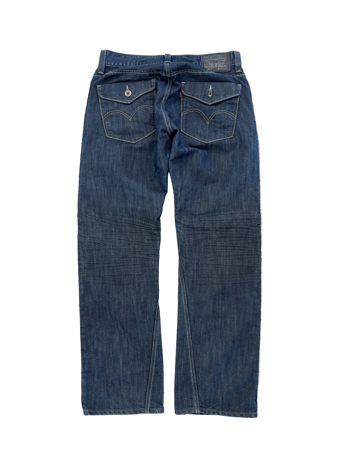 Levi's 514 Slim Straight Jeans featuring unique back flap pockets and a twisted seam design size 32
