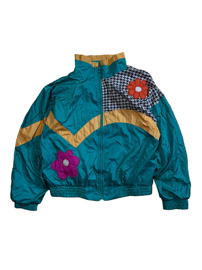 vintage London Fog teal green windbreaker jacket featuring a floral pattern and houndstooth Medium Green