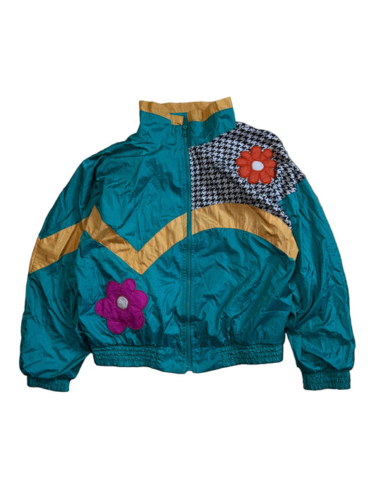 vintage London Fog teal green windbreaker jacket featuring a floral pattern and houndstooth Medium Green