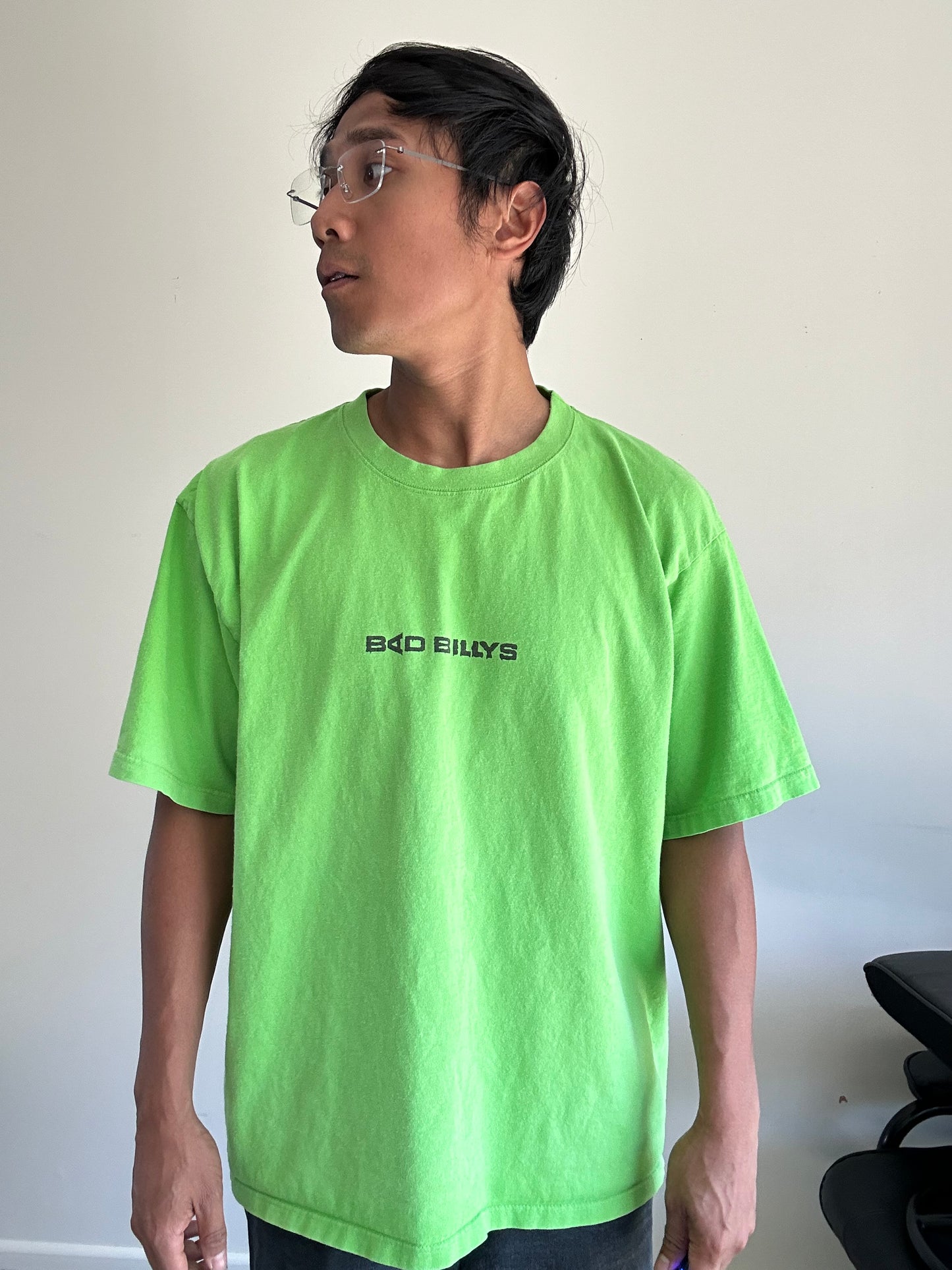 Lime green "Bad Billys" brand Billabong Skate Tee Large Y2K