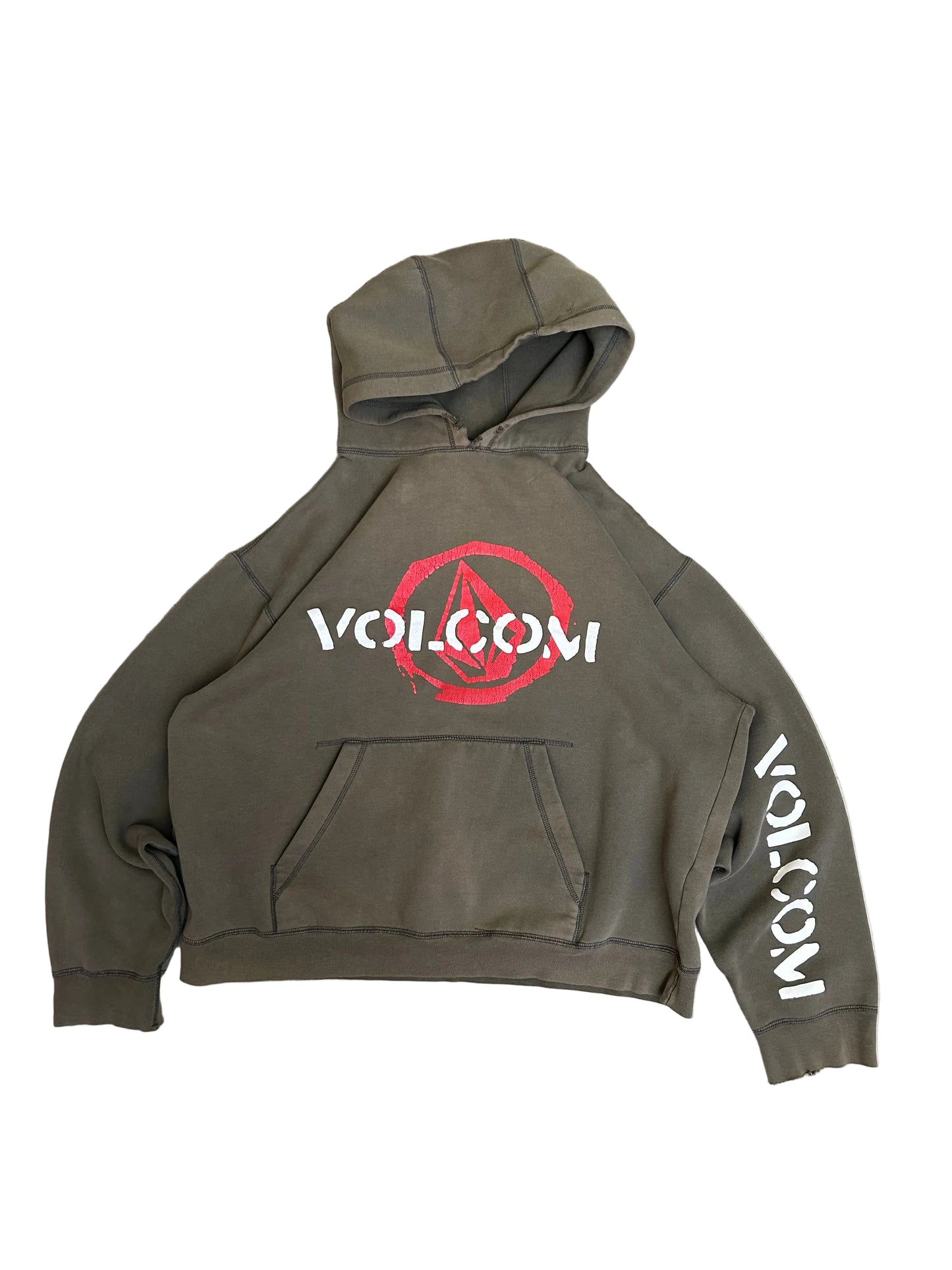 Vintage Y2K Volcom hoodie featuring a red and white graphic logo on the chest and text on the sleeve Army Green Faded
