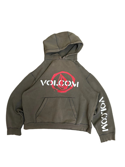 Vintage Y2K Volcom hoodie featuring a red and white graphic logo on the chest and text on the sleeve Army Green Faded