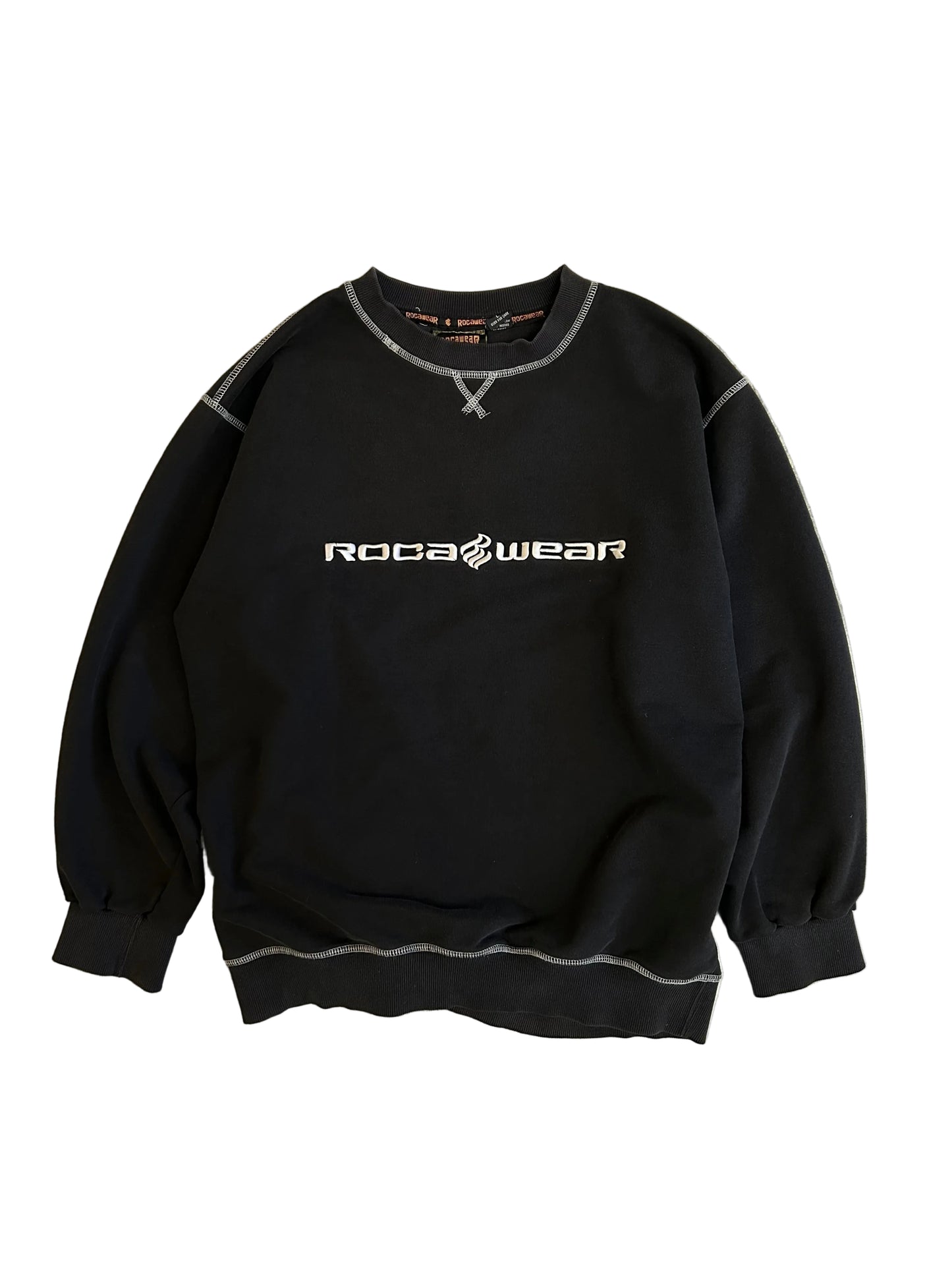 vintage black Rocawear crewneck sweatshirt featuring white contrast stitching Large