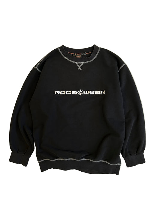 vintage black Rocawear crewneck sweatshirt featuring white contrast stitching Large