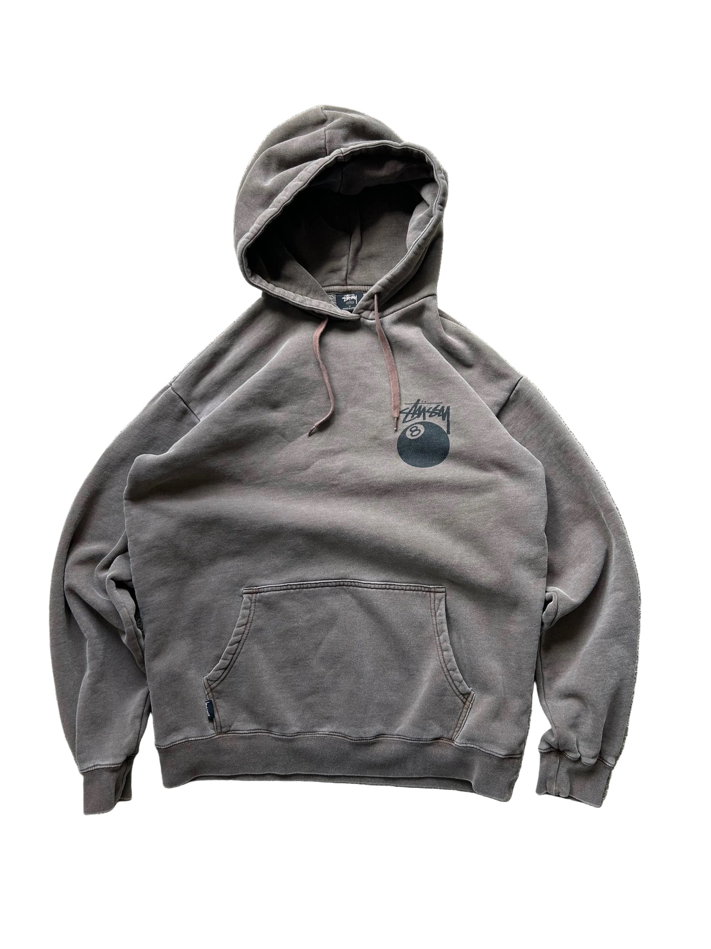 Stüssy 8 Ball Pigment Dyed Hoodie in a brown/taupe color, made from heavy cotton fleece