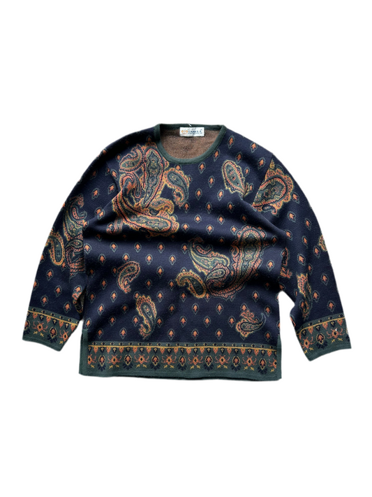 Vintage Paisley Patter Knitted Jumper Sweater Camela Navy Blue Small