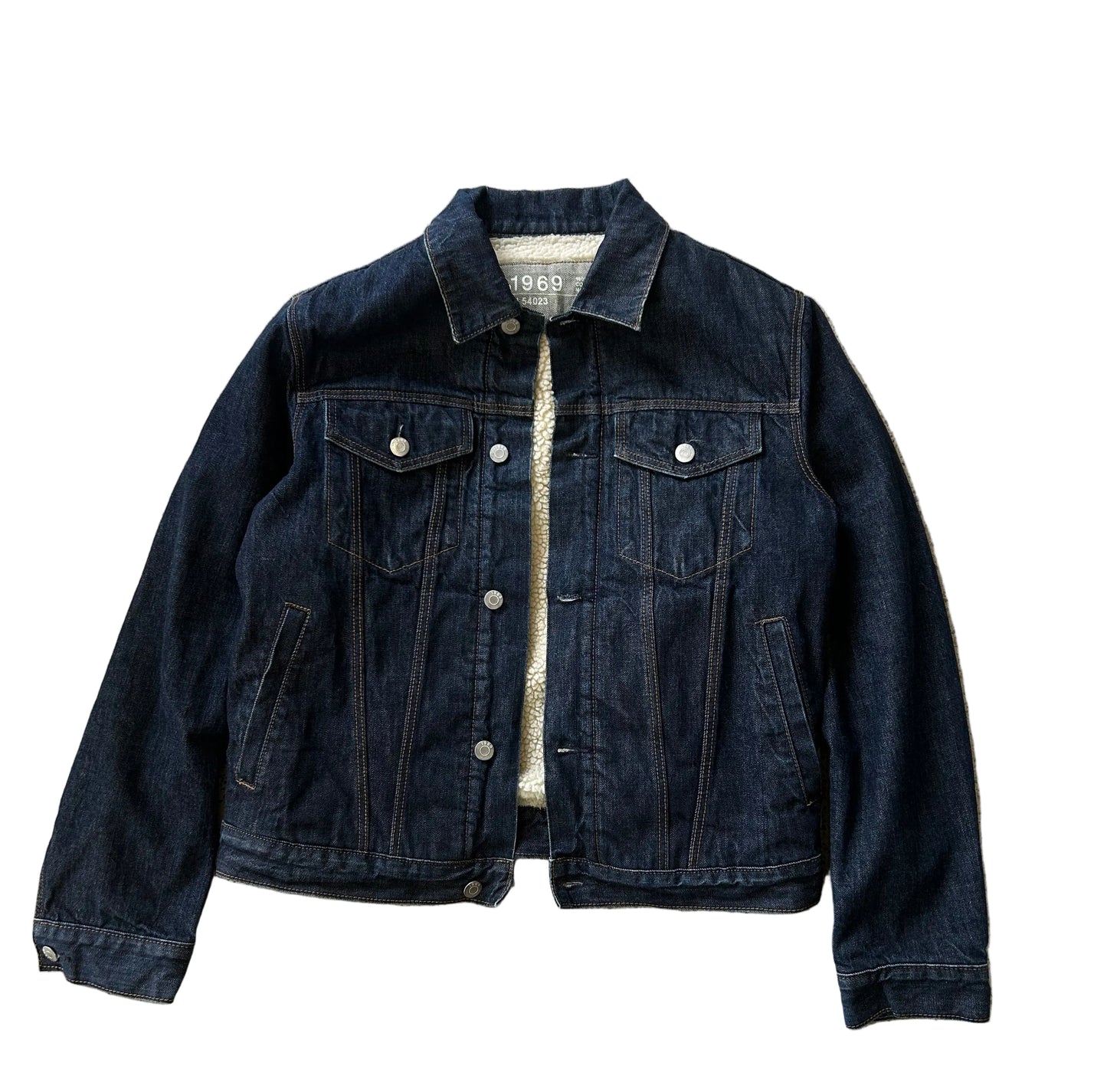 Gap 1969 dark wash denim jacket lined with cozy white sherpa fleece Small