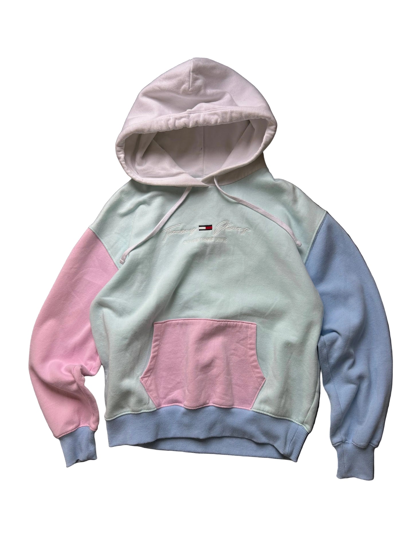 Tommy Jeans pastel color-block hoodie features a white hood, light green torso, and pink and blue sleeves Small