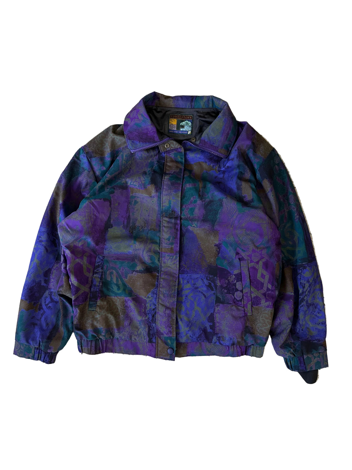 vintage Forrester's patterned zip-up jacket featuring an abstract purple, blue, and dark teal geometric tile design Medium