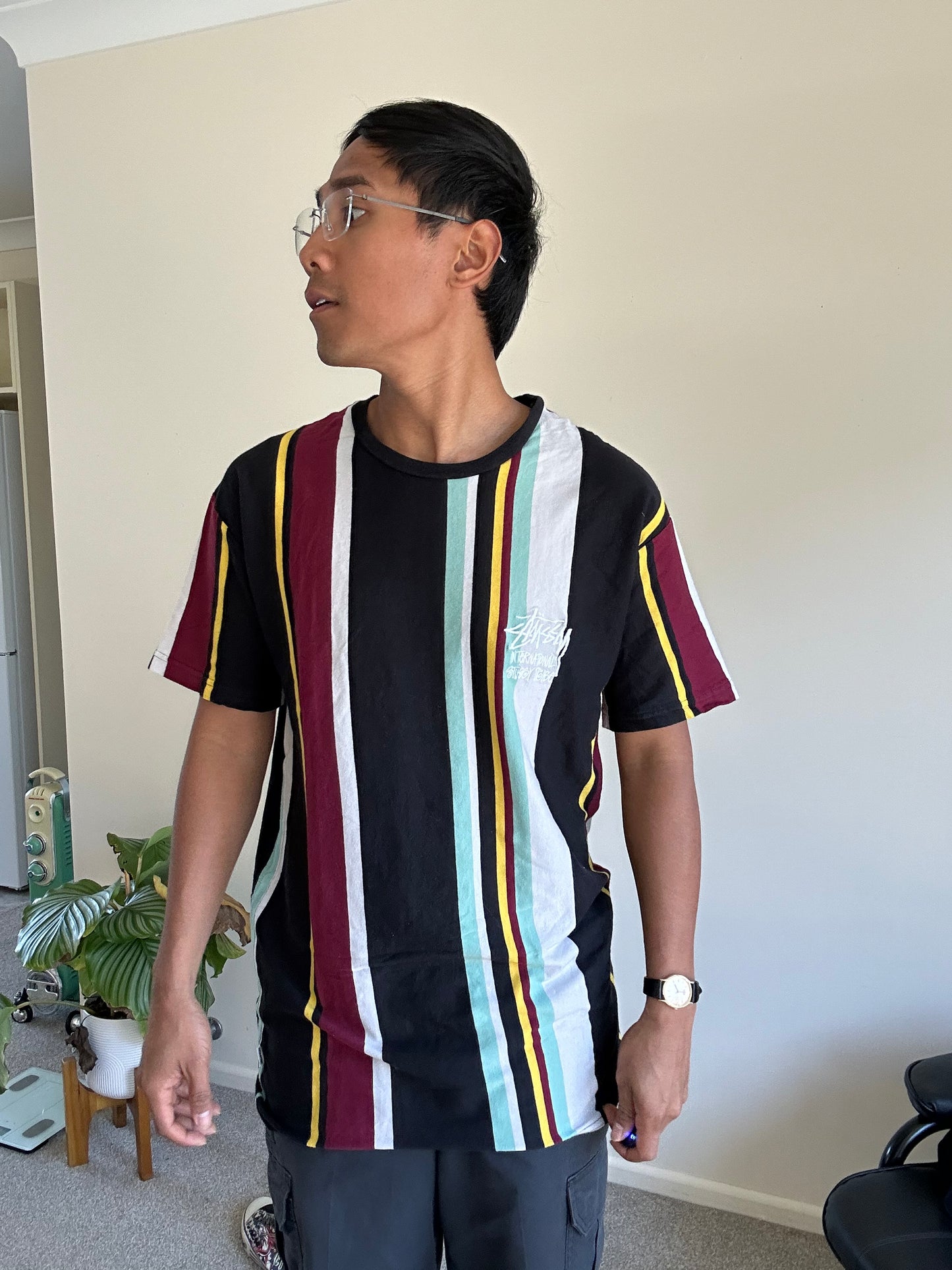 Stüssy International Centered Logo T-shirt in a vertical striped colorway Medium Black