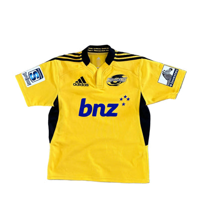 yellow Adidas Wellington Hurricanes Super Rugby home jersey, featuring the "bnz" sponsor logo and Super Rugby branding on the sleeves 2012 Small