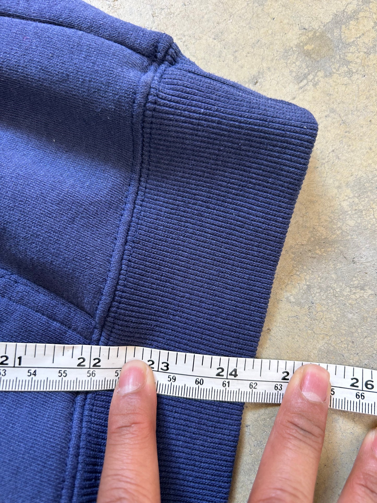 vintage navy blue hoodie features a prominent embroidered "USA" logo and an American flag graphic, Large