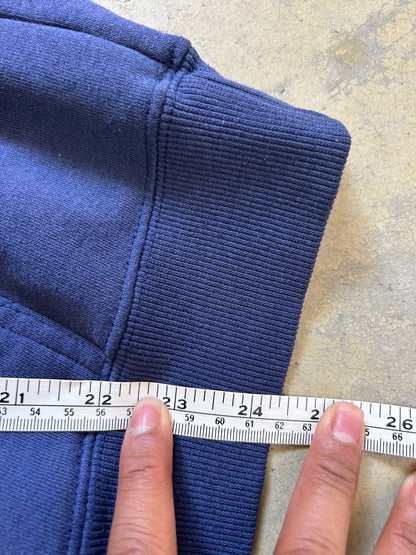 vintage navy blue hoodie features a prominent embroidered "USA" logo and an American flag graphic, Large