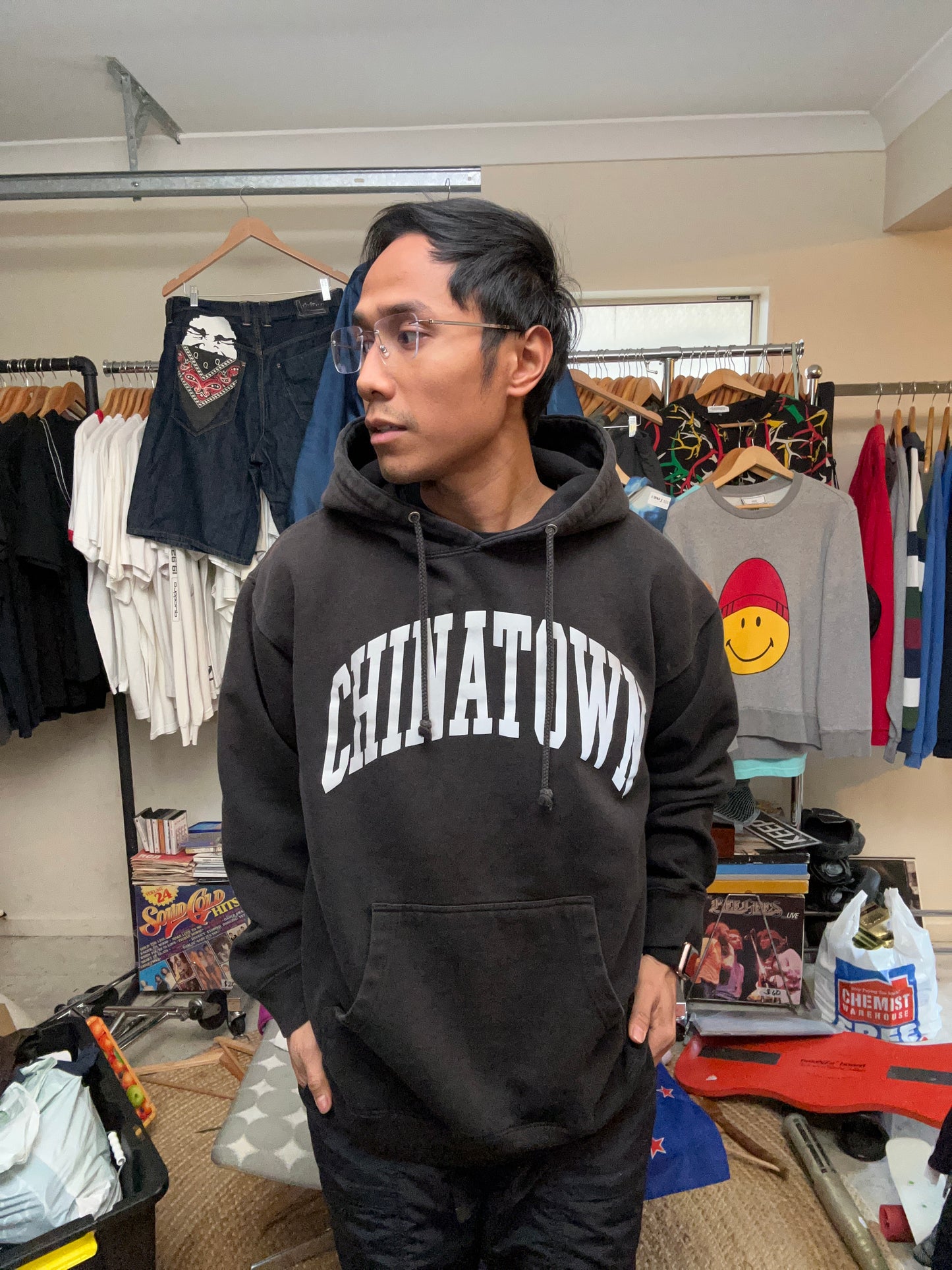 black Chinatown Market Money Arc hoodie featuring a Reflectorized white logo graphic on the chest Large