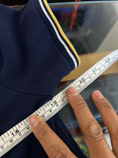 navy blue Polo Ralph Lauren custom slim-fit piqué polo shirt detailed with yellow and white tipped collar and sleeve trim, plus a yellow embroidered pony logo Small