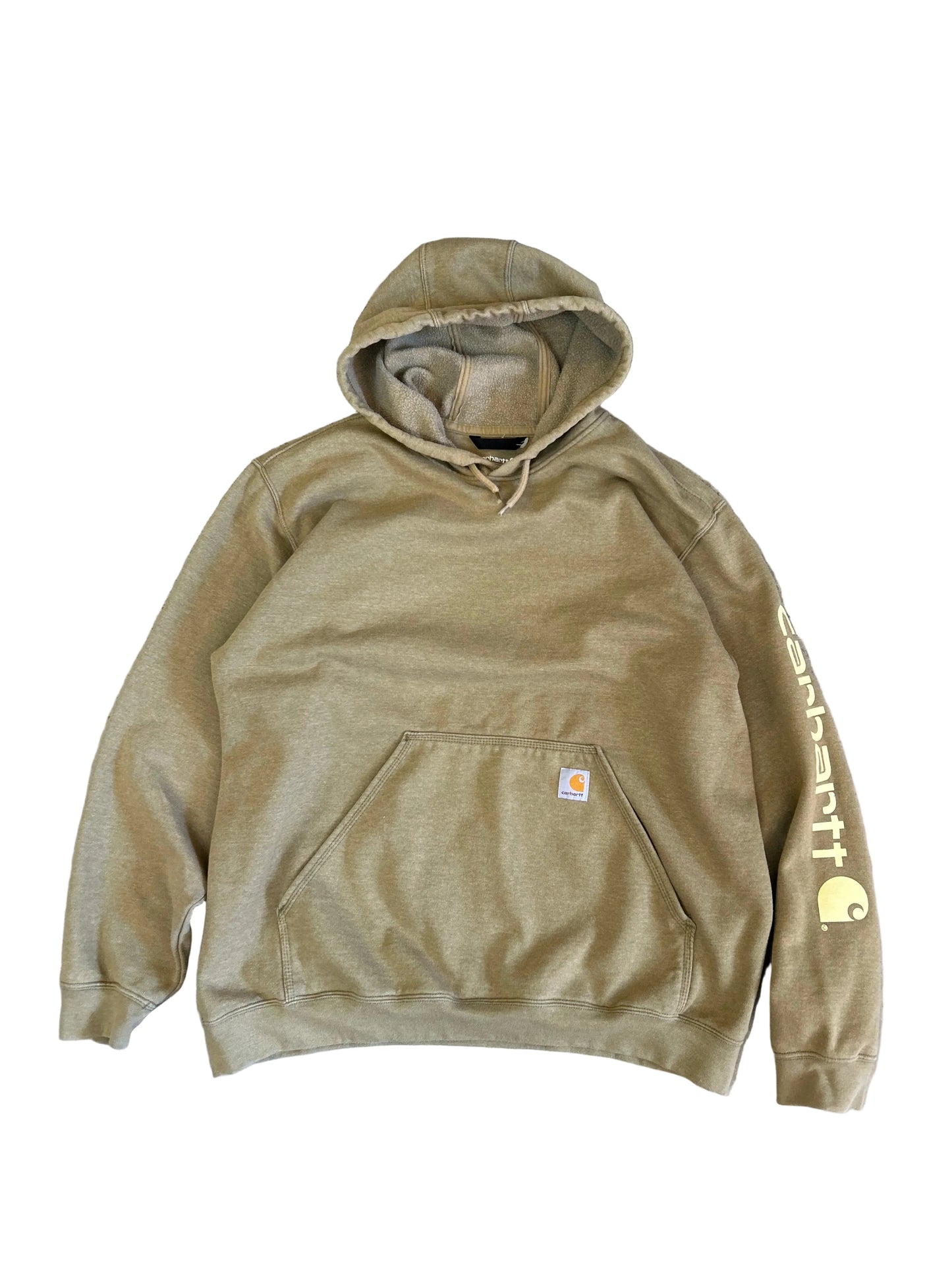 olive Carhartt K288 hooded sweatshirt features a "Carhartt" graphic printed down the left sleeve XL