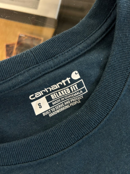 Carhartt Relaxed Fit Heavyweight Long-Sleeve Logo Sleeve Graphic T-Shirt in night blue heather with bold yellow lettering down the sleeve. Small