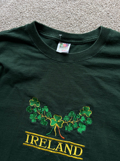 IRELAND & Irish Shamrocks T-Shirt Fruit of Loom Unisex Large Cotton Embroidered Green