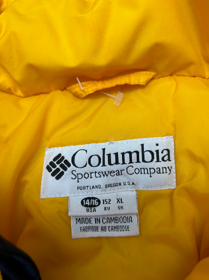 Medium vintage yellow Columbia Sportswear jacket with a blue stripe design across the chest. Has Stains