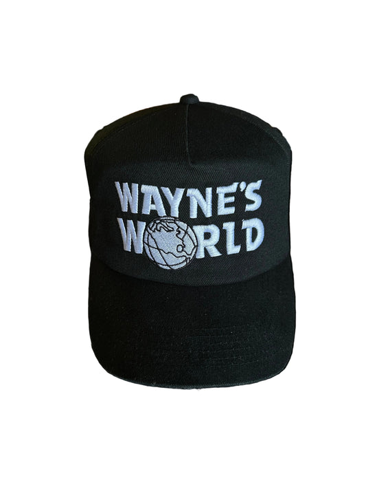black Wayne's World snapback cap featuring white embroidered lettering and a globe graphic