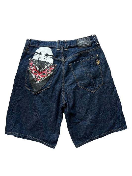 vintage FUBU denim shorts, specifically from the Platinum FUBU line, size 34