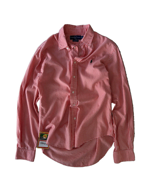 red-and-white gingham-check long-sleeve button-down shirt by Polo Ralph Lauren featuring a small embroidered navy polo pony logo on the chest Medium