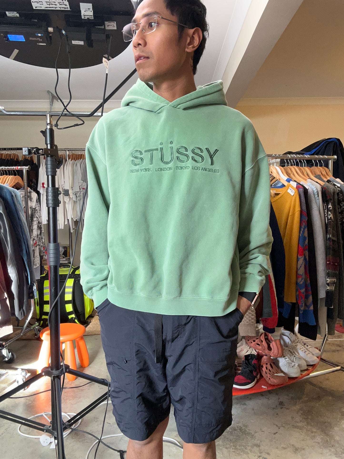 sage green hoodie is a Stüssy "Chapter" model featuring an embroidered logo size 16 Medium Cropped Boxy Fit