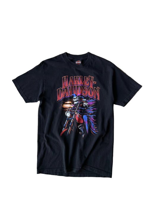 black Harley-Davidson Australia graphic t-shirt featuring a skeleton jester or joker riding a motorcycle, marked with a 2017 copyright Large