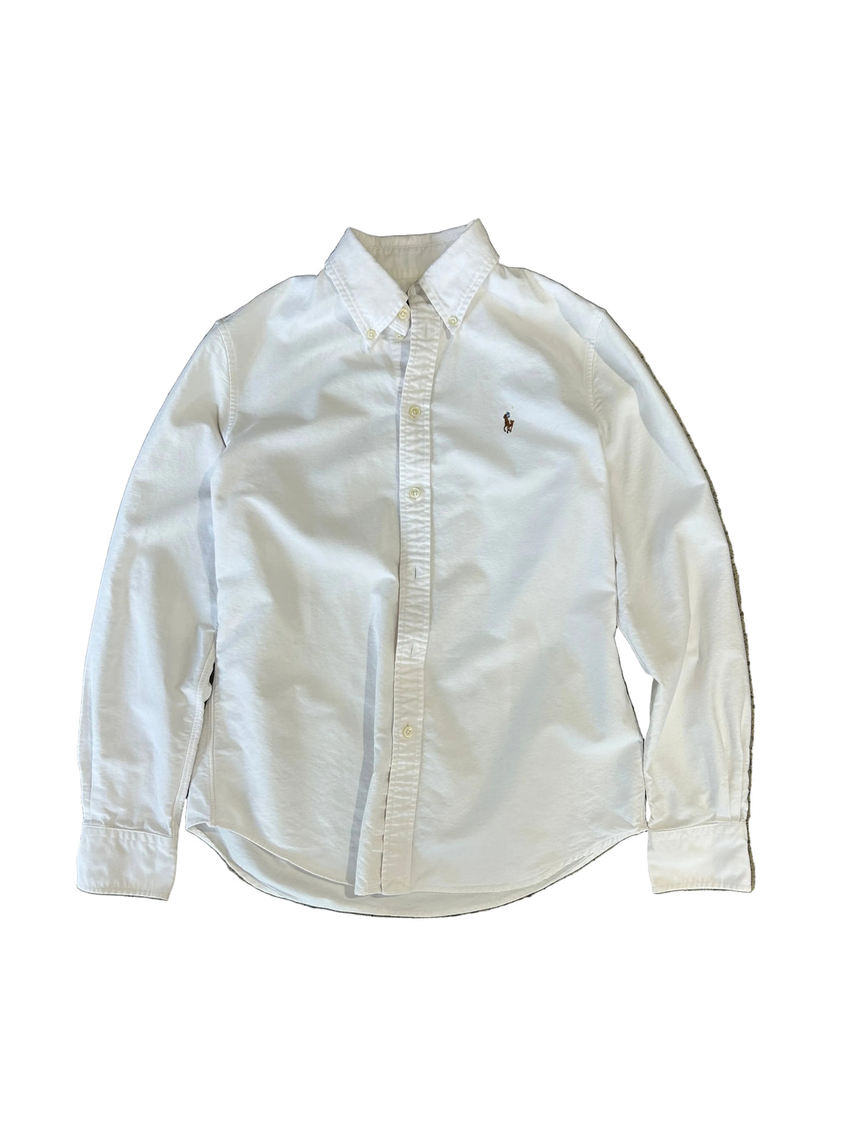 white Polo Ralph Lauren Oxford Shirt, featuring a button-down collar, long sleeves, and the signature embroidered polo player logo on the chest. Small