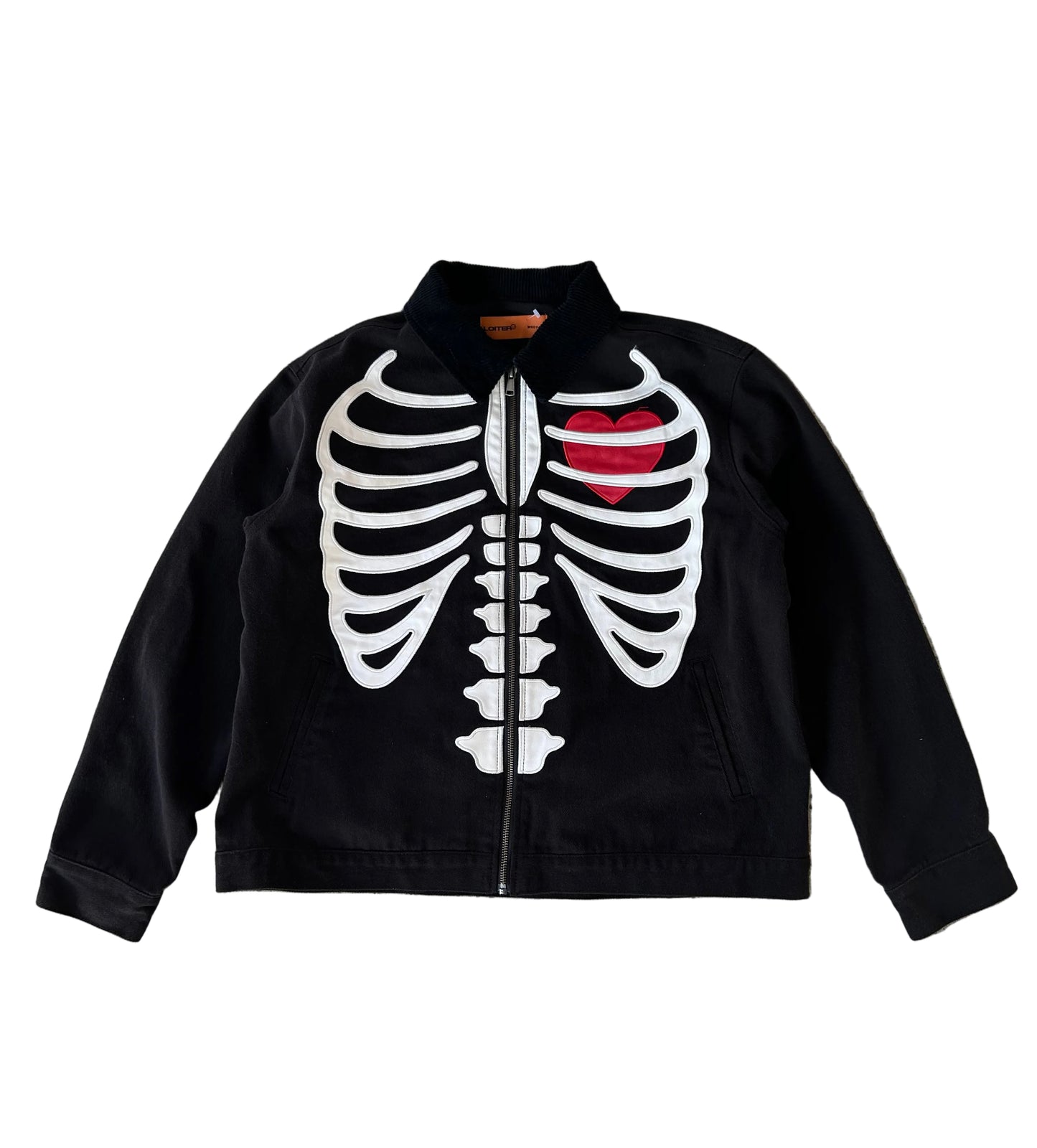 Loiter skeleton zip-up jacket in black, featuring a prominent ribcage graphic and a red heart detail Medium
