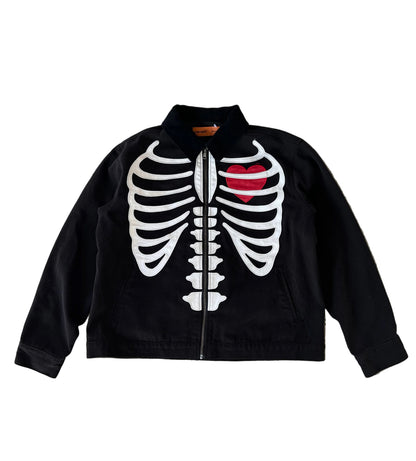 Loiter skeleton zip-up jacket in black, featuring a prominent ribcage graphic and a red heart detail Medium