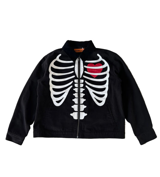Loiter skeleton zip-up jacket in black, featuring a prominent ribcage graphic and a red heart detail Medium