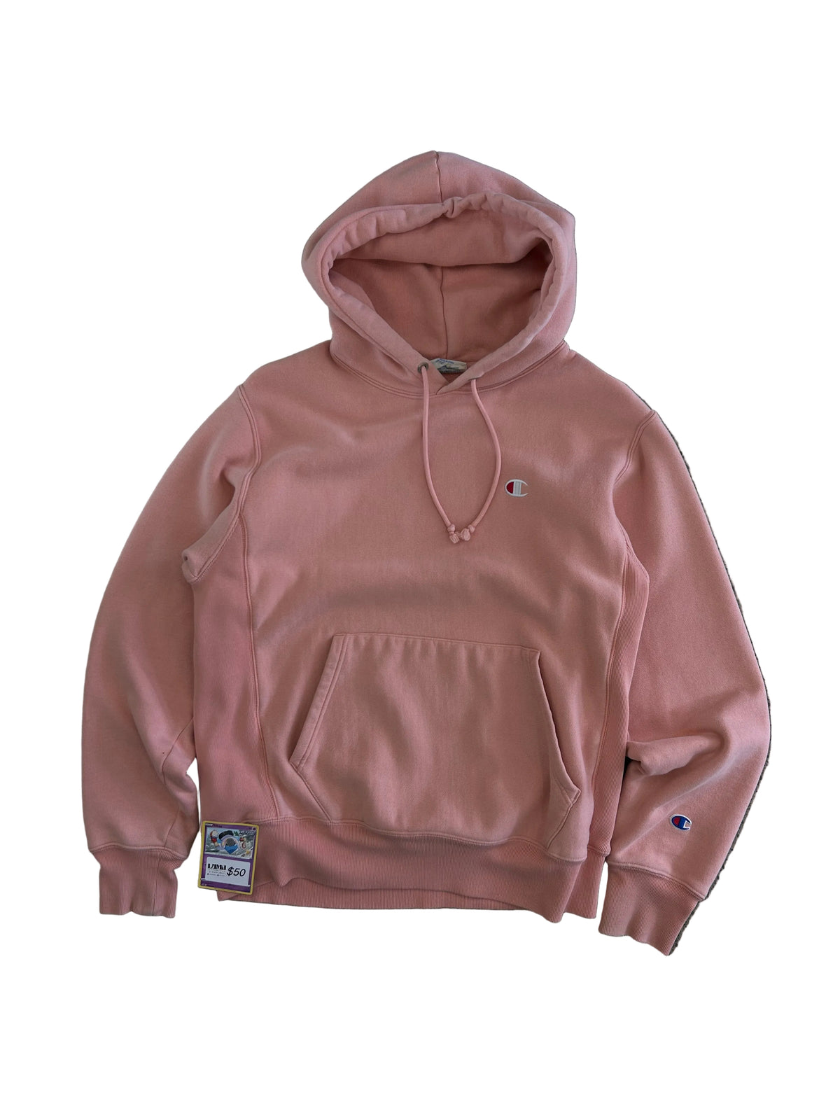 Champion Reverse Weave Small C Hoodie in a light pink or rose shade Medium