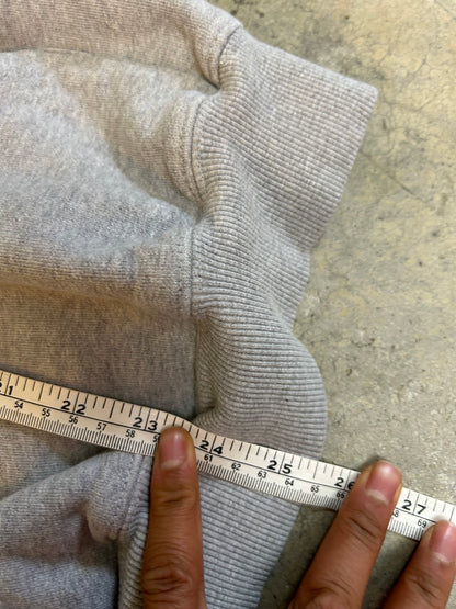 heather grey hoodie from Lower features a central "Lower" graphic of a hand on a vinyl record with star accents Medium
