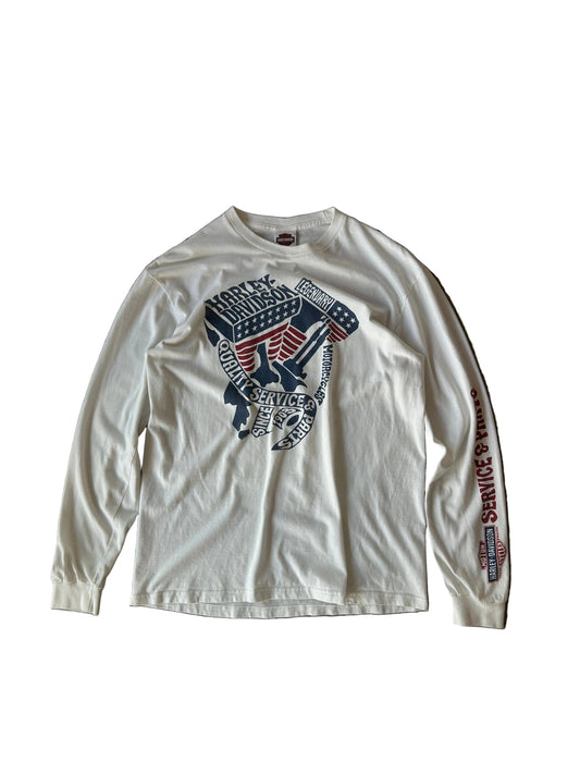 Harley-Davidson white long-sleeve graphic t-shirt featuring an American flag and motorcycle engine design Sacramento Large 2013